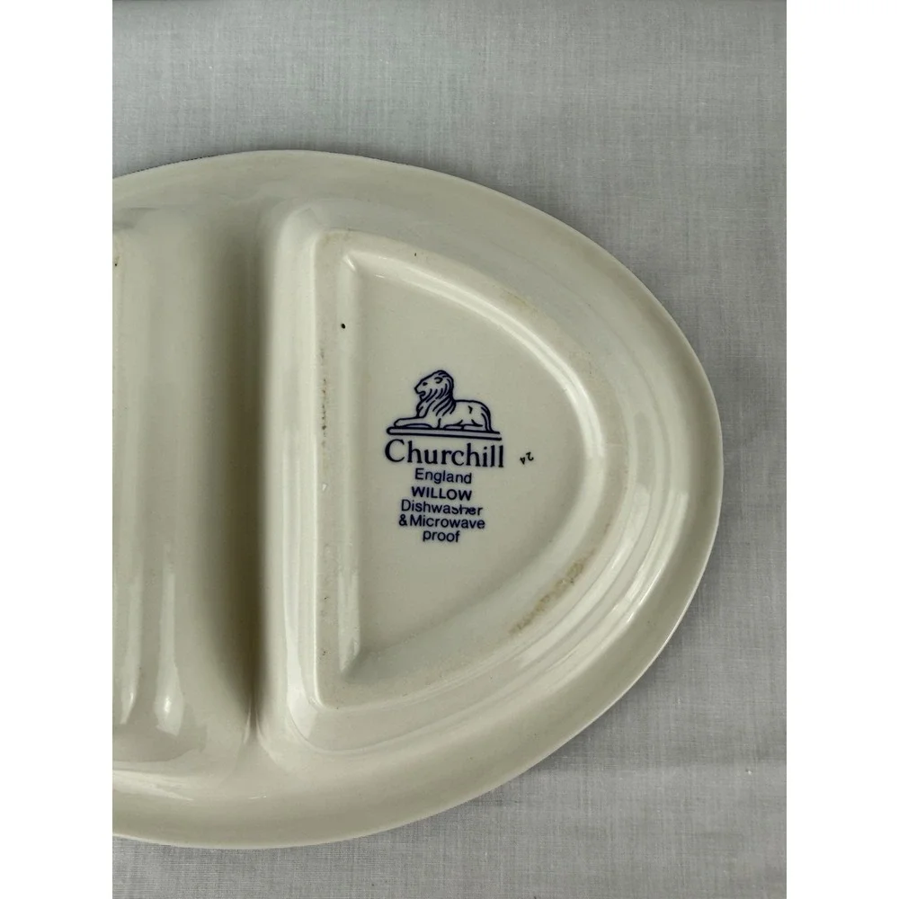 Vintage Churchill Blue Willow Oval Divided Vegetable Dish England 9 7/8